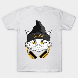 Cool Cat in Beenie and Yellow Headphones T-Shirt